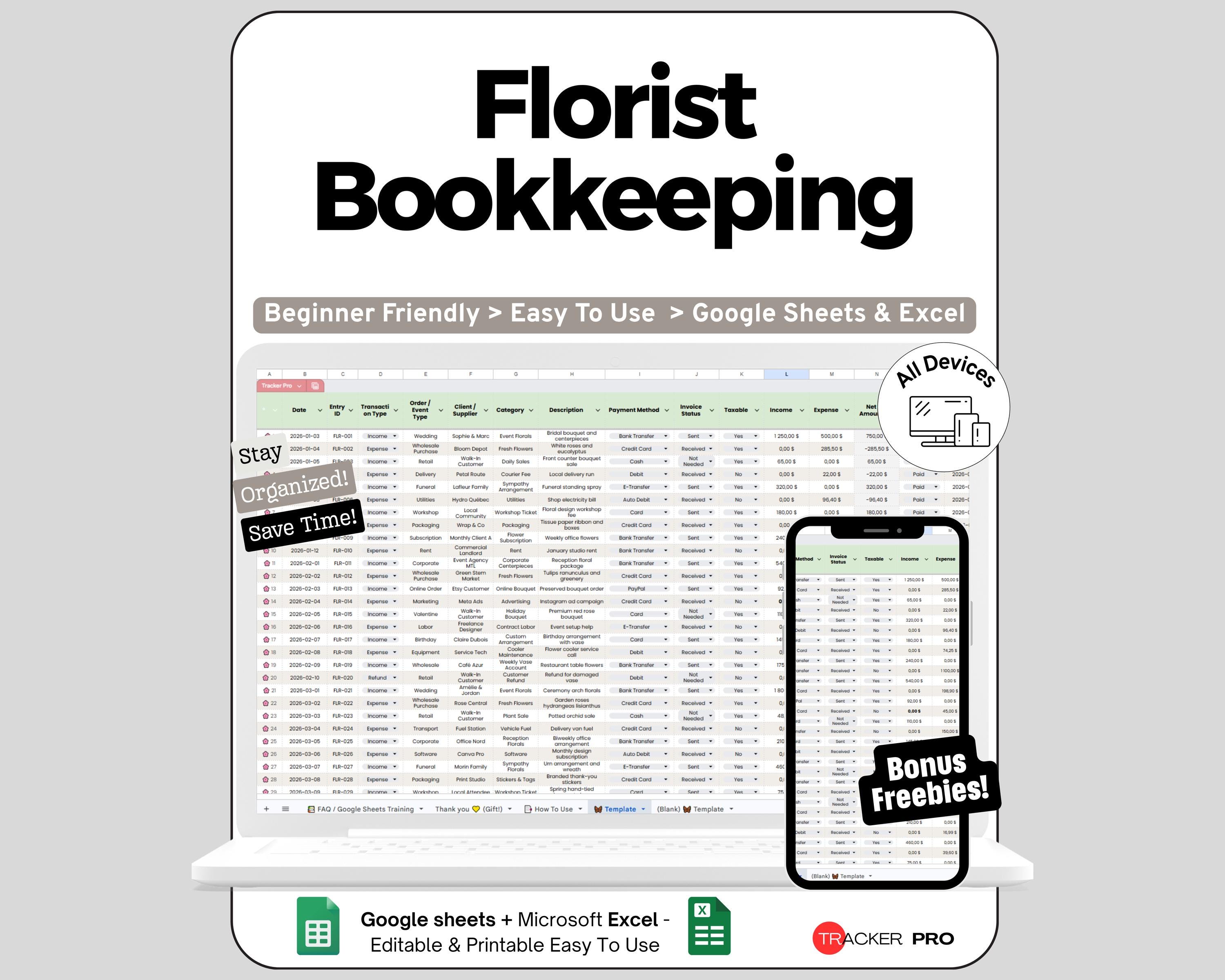 Florist Bookkeeping Google Sheets, Floral Business Income and Expenses Tracker, Flower Designer Profit and Loss Template Excel Spreadsheet