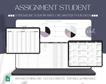 School Planner Spreadsheet, Assignment Tracker Google Sheets Excel, Assignment Tracking Spreadsheet, Digital Study Planner Template