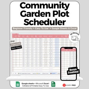 Peut inclure: Un planificateur numérique de parcelles de jardin communautaire affiché sur un ordinateur portable et un smartphone. Le planificateur est conçu pour Google Sheets et Excel, et est facile à utiliser pour les débutants. Le texte "Stay Organized! Save Time!"