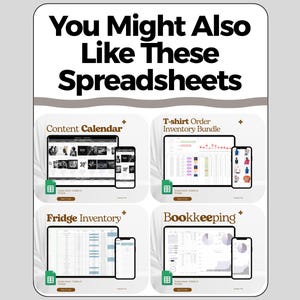 K&ouml;nnte beinhalten: Digitale Grafik, die Tabellenkalkulationen bewirbt, darunter ein Inhaltskalender, ein T-Shirt-Bestellinventar-Bundle, ein K&uuml;hlschrankinventar und Buchhaltungs-Vorlagen. Jede Vorlage wird auf einem Tablet und Smartphone angezeigt.