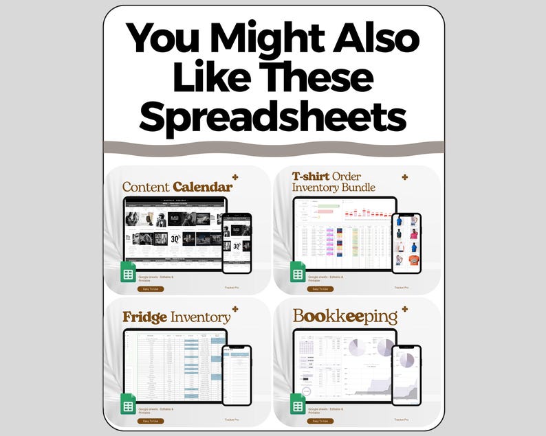 K&ouml;nnte beinhalten: Digitale Grafik, die Tabellenkalkulationen bewirbt, darunter ein Inhaltskalender, ein T-Shirt-Bestellinventar-Bundle, ein K&uuml;hlschrankinventar und Buchhaltungs-Vorlagen. Jede Vorlage wird auf einem Tablet und Smartphone angezeigt.