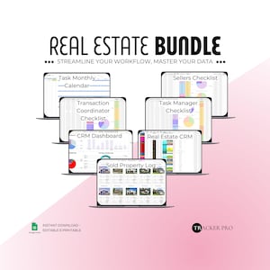 Real Estate Management Template Bundle, Transaction Checklist, Bookkeeping, Realtor Sales Tracker, Realtor CRM, Calendar, Excel Spreadsheet