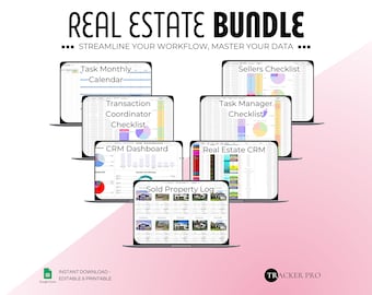 Real Estate Management Template Bundle, Transaction Checklist, Bookkeeping, Realtor Sales Tracker, Realtor CRM, Calendar, Excel Spreadsheet