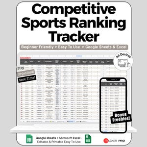 Può includere: Un tracker digitale di classifica sportiva visualizzato su un laptop e uno smartphone. Il testo "Competitive Sports Ranking Tracker" è in alto. Il tracker è facile da usare con Google Sheets e Excel. L'immagine include anche il testo "Stay Organized! Save Time!"