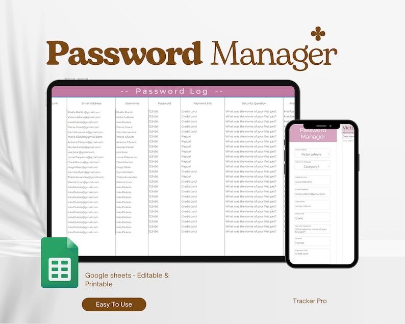 Account Password Tracker Spreadsheet for Google Sheets Password List ...
