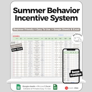 Può includere: Un modello di foglio di calcolo digitale intitolato "Summer Behavior Incentive System" visualizzato su un laptop e uno smartphone. Il modello è progettato per Google Sheets e Microsoft Excel, con il testo "Beginner Friendly > Easy To Use". Il testo aggiuntivo include "Stay Organized! Save Time!"