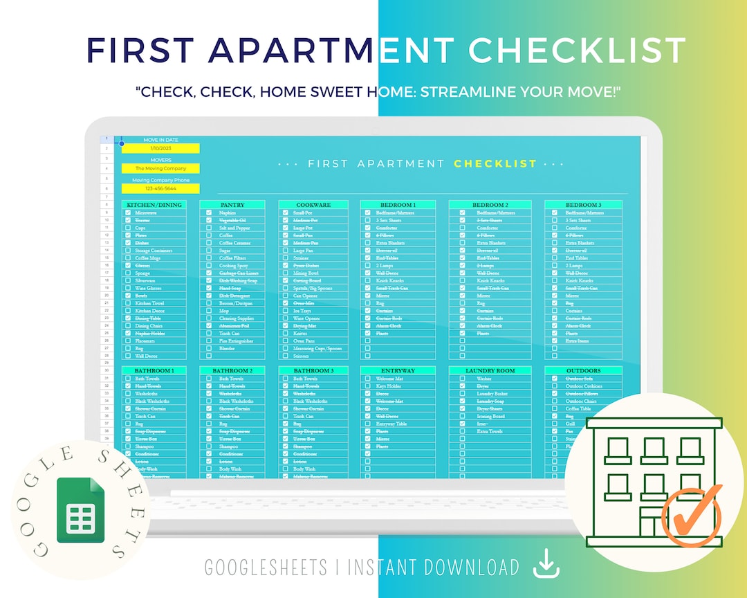 New Apartment Checklist Planner Template Excel Spreadsheet, First