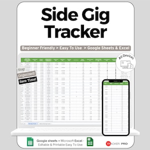 Può includere: Un tracker digitale per lavori secondari visualizzato su un laptop e uno smartphone. Il testo "Side Gig Tracker" è in alto. Il tracker è facile da usare con Google Sheets e Excel. L'immagine include anche il testo "Stay Organized! Save Time!"
