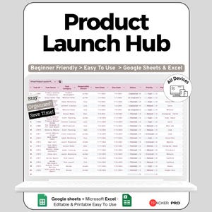 Peut inclure: Un écran d'ordinateur portable affiche une feuille de calcul intitulée "Product Launch Hub". L'écran montre une liste de tâches détaillée avec des colonnes pour le nom de la tâche, la catégorie et la date d'échéance. Le texte à l'écran comprend "Beginner Friendly", "Easy to Use" et "Google Sheets & Excel."