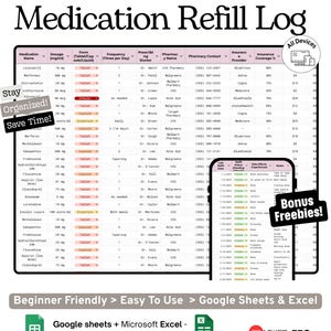 Refill Roster Log Medication Refill and Pharmacy Tracker Google Sheets Template ...