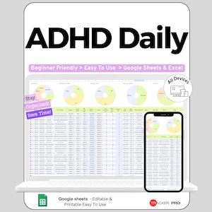 May include: A digital ADHD Daily planner template displayed on a laptop and smartphone screen. The interface features colorful pie charts, data tables, and text labels including "Beginner Friendly", "Stay Organized! Save Time!", and "All Devices".