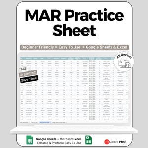 Peut inclure: Un tableur numérique intitulé "MAR Practice Sheet" affiché sur un écran d'ordinateur portable. La feuille est organisée avec des lignes et des colonnes. Le texte comprend "Beginner Friendly", "Easy To Use" et "Google Sheets & Excel". Texte supplémentaire : "Stay Organized! Save Time!" et "All Devices."