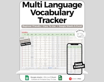 Vocabulary Tracker Spreadsheet Google Sheets Template, Language Learning Word Log with Spaced Repetition Review Dates, Study Planner, Log