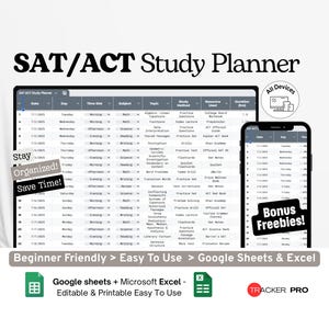 SAT/ACT Study Planner Google Excel, College Entrance Exam Tracker, Test Prep Schedule Template, Practice Log Google Sheets Spreadsheet