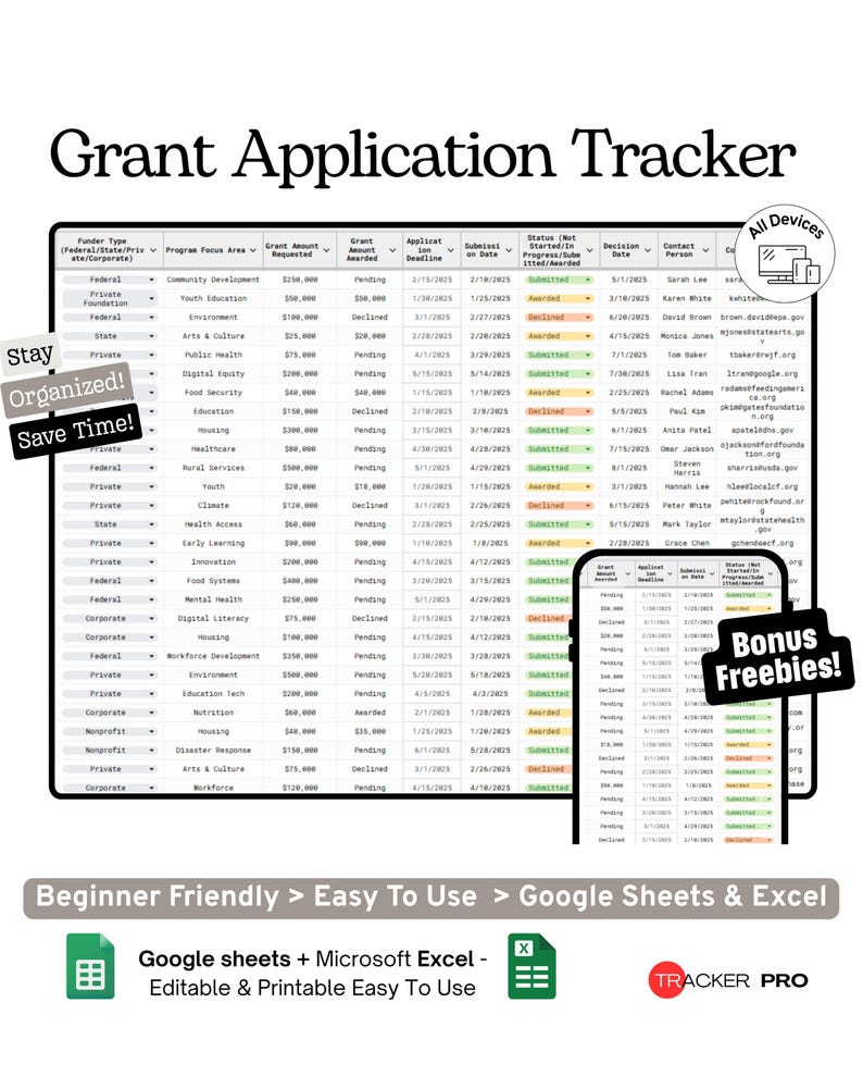 Grant Application Tracker Google Sheets Template (Nonprofit Funding, Proposal Submission and Deadline Management Spreadsheet) image 2