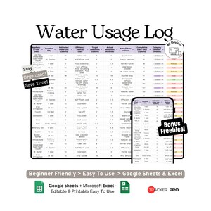 Water Usage Log Google Sheets Template for Homes Daily Water Consumption Tracker, Drought-Saving Household Planner Microsoft Excel
