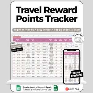 Op de afbeelding: Een digitale reispunten-tracker weergegeven op een laptop en smartphone. De tekst "Travel Reward Points Tracker" staat bovenaan. De tracker is ontworpen voor Google Sheets en Excel en is gemakkelijk te gebruiken.