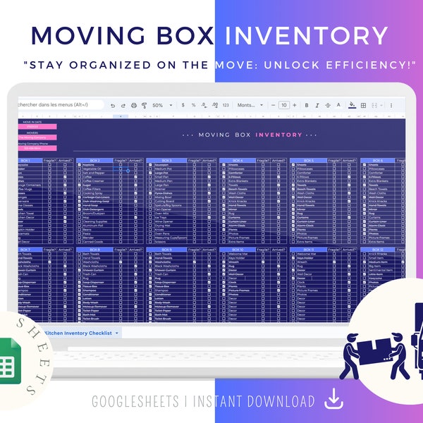 Moving Box Inventory Excel Spreadsheet, Organized Moving, Home Relocation, Storage Inventory Google Sheets, Packing and Moving Planner Sheet