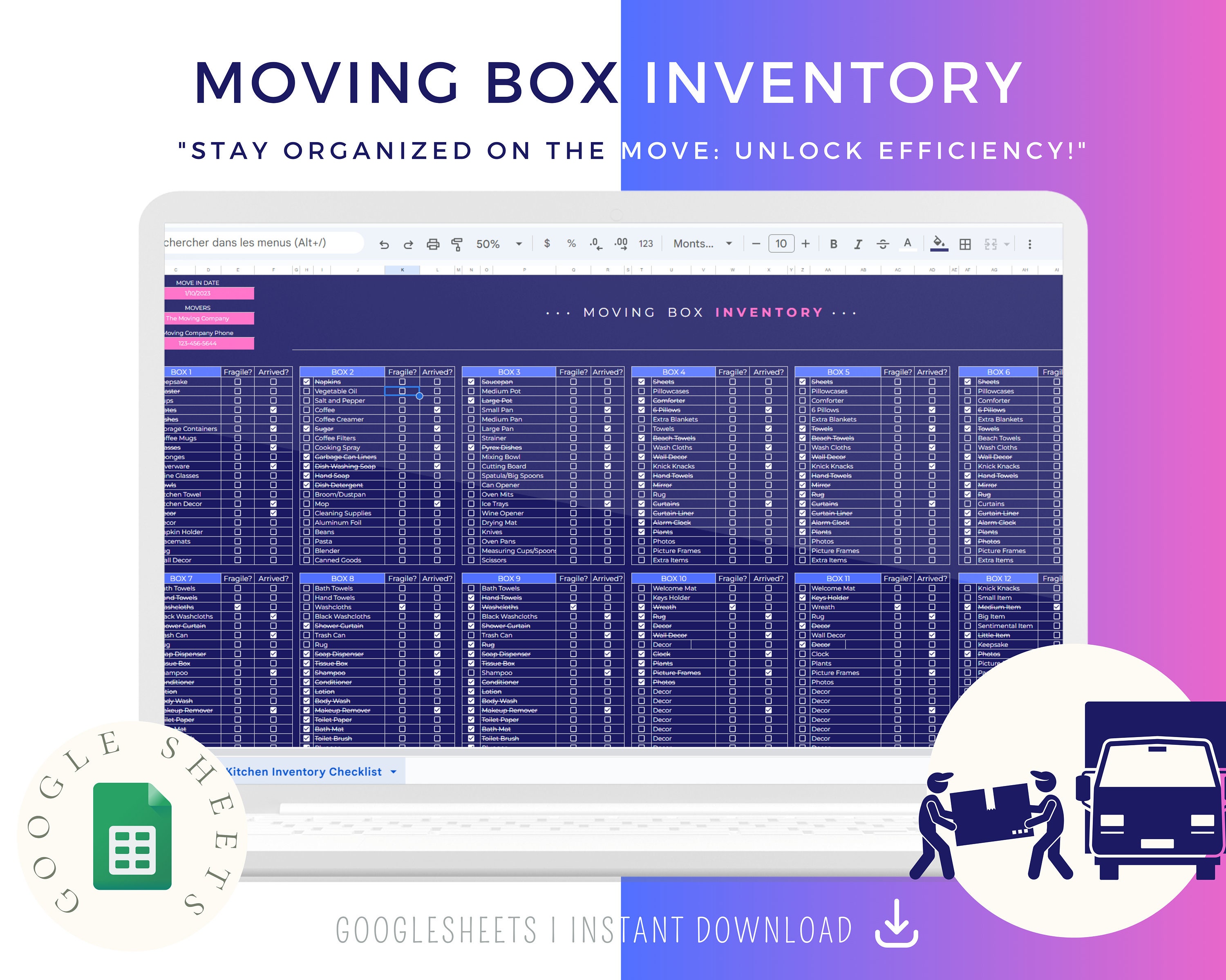 Moving Box Inventory Excel Spreadsheet, Organized Moving, Home