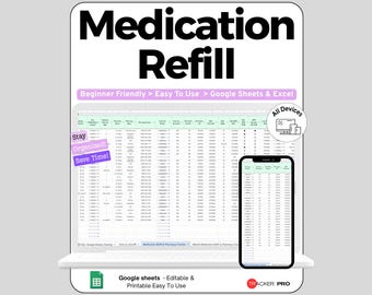 Medication Tracker Google Sheets Template, Prescription and Refill Log Spreadsheet, Daily Pill Dosage Schedule & Pharmacy Record, Digital