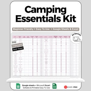Può includere: Un kit digitale di elementi essenziali per il campeggio visualizzato sullo schermo di un laptop. Il kit è progettato per Google Sheets e Microsoft Excel ed è facile da usare per i principianti. L'immagine include il testo "Camping Essentials Kit", "Stay Organized!" e "Save Time!"
