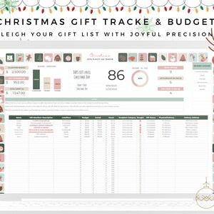 May include: A digital Christmas gift tracker and budget spreadsheet on a laptop screen. The spreadsheet includes sections for allocated budget, spent, and remaining funds. Text at the top reads "CHRISTMAS GIFT TRACKE & BUDGET" and "SLEIGH YOUR GIFT LIST WITH JOYFUL PRECISION!"