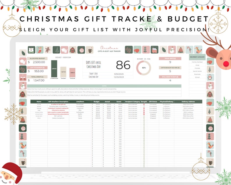 May include: A digital Christmas gift tracker and budget spreadsheet on a laptop screen. The spreadsheet includes sections for allocated budget, spent, and remaining funds. Text at the top reads "CHRISTMAS GIFT TRACKE & BUDGET" and "SLEIGH YOUR GIFT LIST WITH JOYFUL PRECISION!"