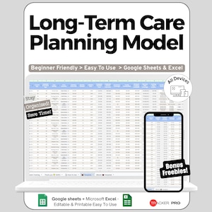 Peut inclure: Un modèle numérique de planification de soins de longue durée pour Google Sheets et Excel. L'affichage présente un tableau de données sur un écran d'ordinateur portable et de smartphone avec des étiquettes indiquant Beginner Friendly, Stay Organized, Save Time et Bonus Freebies.