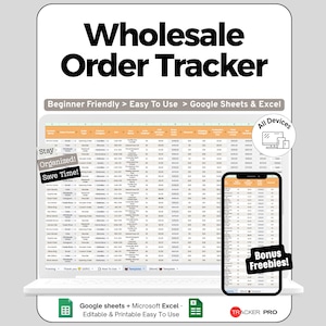 Kalkylblad för grossister i Google Sheets och Excel, orderövervakning, lagerspårning och intäktsöversikt, redigerbar