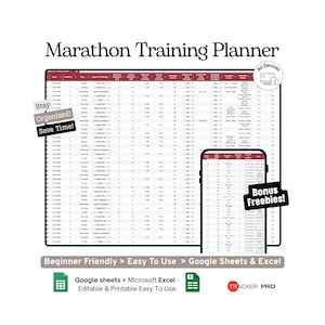 Marathon Training Program Spreadsheet Google Sheets , Plan Mileage, Workouts, Pacing, Nutrition, Race Preparation, Running Excel, Planner