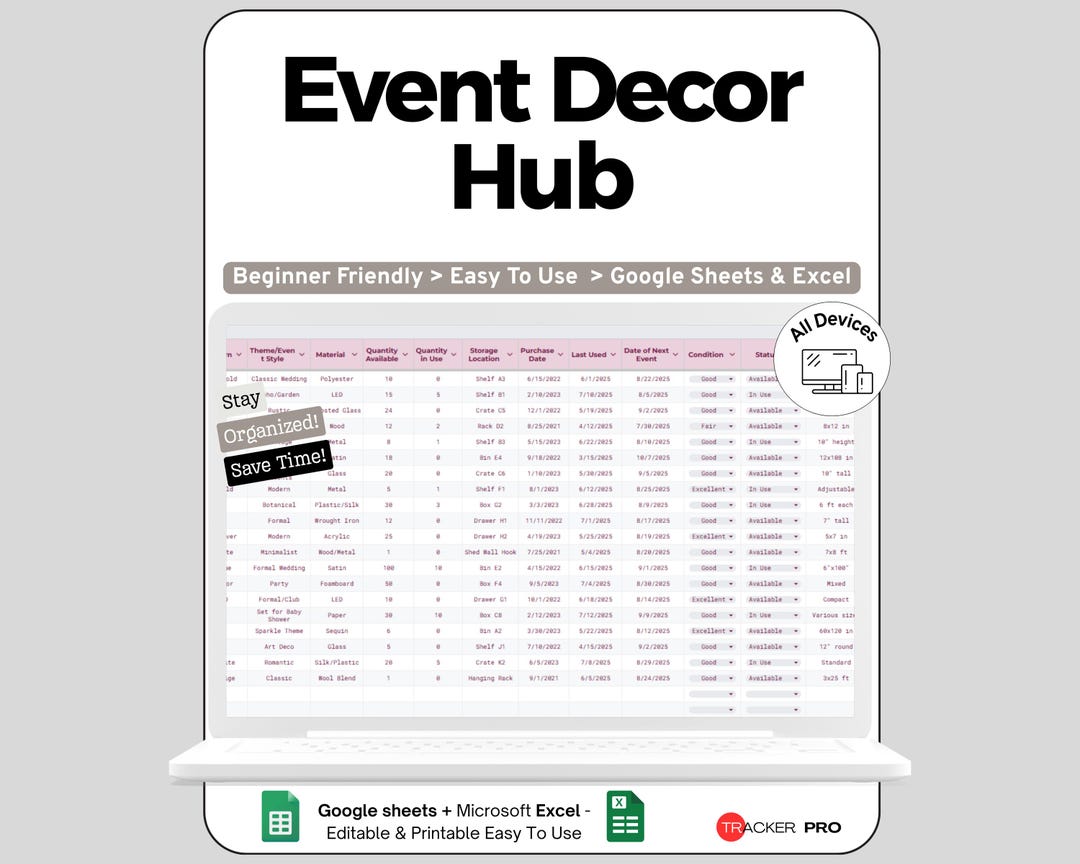 Event Decor Inventory Log Spreadsheet, Wedding Decoration Supply ...