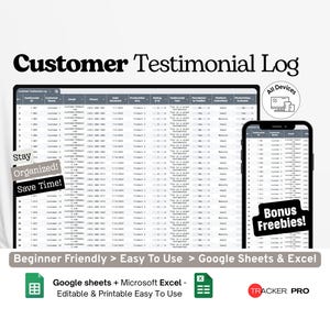 Customer Testimonial Log Google Sheets, Review Collection Spreadsheet, Feedback Tracker Template for Business, Testimonial Log Google Sheets