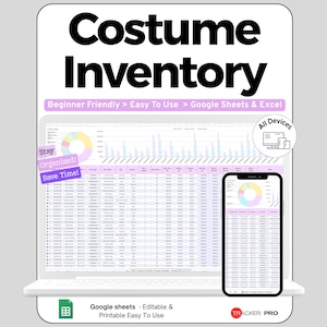 Op de afbeelding: Een digitaal kostuum-inventarisatiesjabloon voor Google Sheets en Excel. Het scherm toont een spreadsheet met gegevenskolommen, een cirkeldiagram en een staafdiagram. De tekst bevat Costume Inventory, Beginner Friendly, Easy To Use, Stay Organized, Save Time en All Devices.