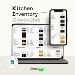 May include: A Google Sheets spreadsheet on a laptop screen with a checklist for kitchen inventory. The spreadsheet is divided into categories: Pantry Staples, Refrigerated Items, Cleaning Supplies, Cookware, and Appliances. Each category has columns for item name, quantity, condition, and notes.
