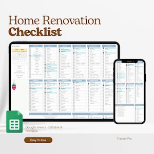 Lista de verificación para remodelación del hogar, renovación de cocina, renovación de baño, lista de verificación de diseño de interiores en Excel y Google Sheets, hoja de cálculo para renovación del hogar