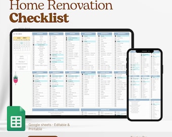 Lista de verificación para remodelación del hogar, renovación de cocina, renovación de baño, lista de verificación de diseño de interiores en Excel y Google Sheets, hoja de cálculo para renovación del hogar