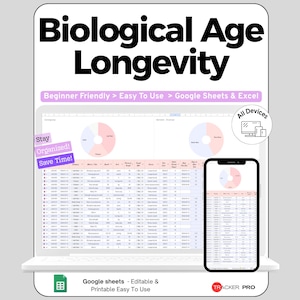 May include: A digital spreadsheet template titled Biological Age Longevity, compatible with Google Sheets and Excel. The display shows data tables, pie charts, and a mobile phone interface. Text includes Beginner Friendly, Easy To Use, Stay Organized, Save Time, and Tracker Pro.