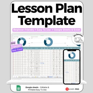 Peut inclure: Un modèle de plan de cours numérique affiché sur un écran d'ordinateur portable et de smartphone. L'interface présente des tableaux de données, des graphiques en anneau bleus et des étiquettes Lesson Plan Template, Beginner Friendly, Easy To Use.