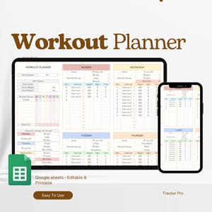 Planificador de entrenamiento para Google Sheets, hojas de cálculo de fitness, registro de pérdida de peso, planificador de ejercicios, planificador de objetivos, entrenamiento personal.