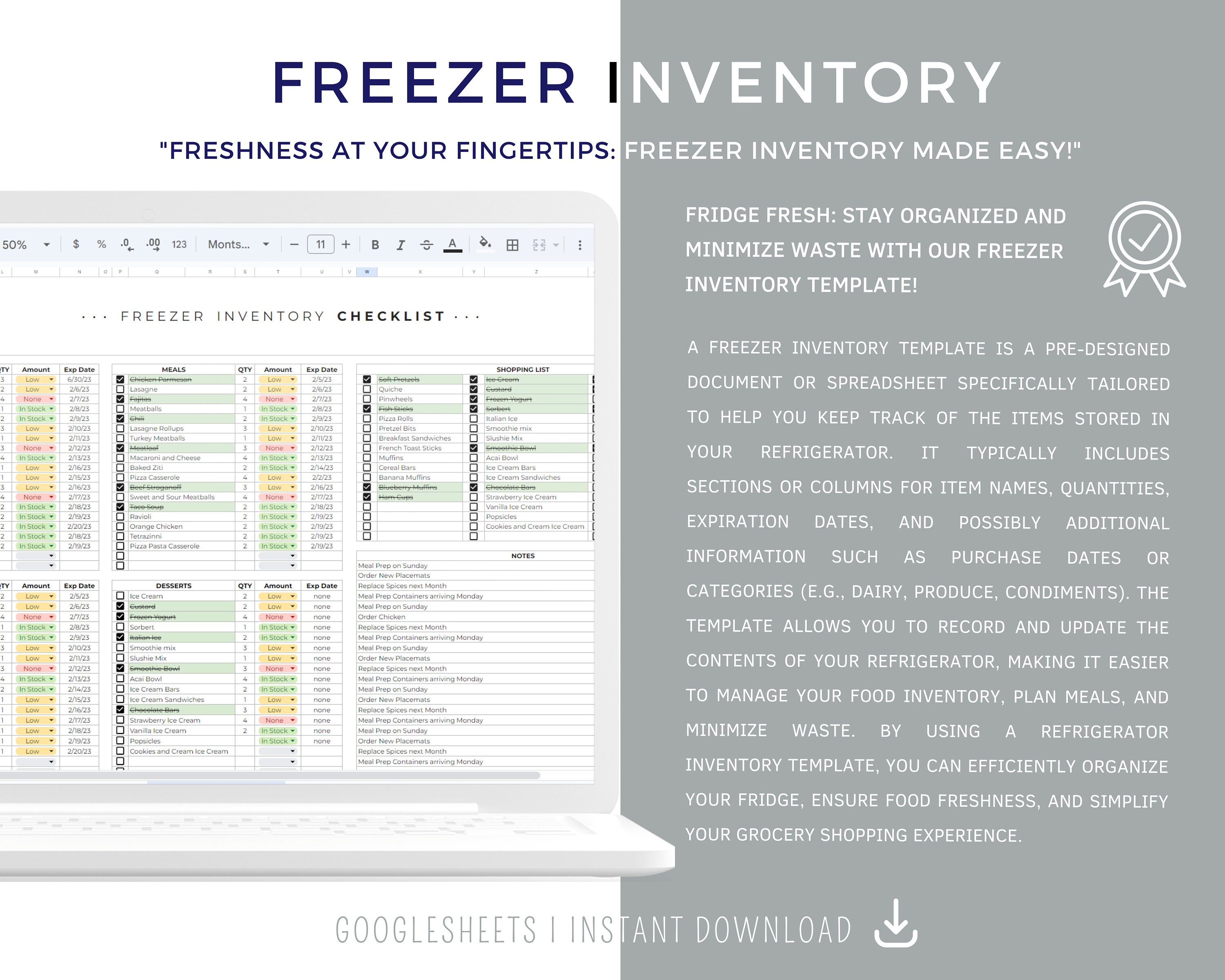 Freezer Inventory Template Freezer Checklist Freezer List Etsy