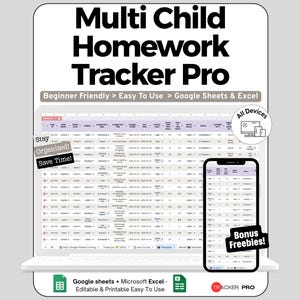 Peut inclure: Un suivi numérique des devoirs pour plusieurs enfants, affiché sur un ordinateur portable et un smartphone. Le design comprend le texte "Multi Child Homework Tracker Pro", "Beginner Friendly > Easy To Use > Google Sheets & Excel" et "All Devices".