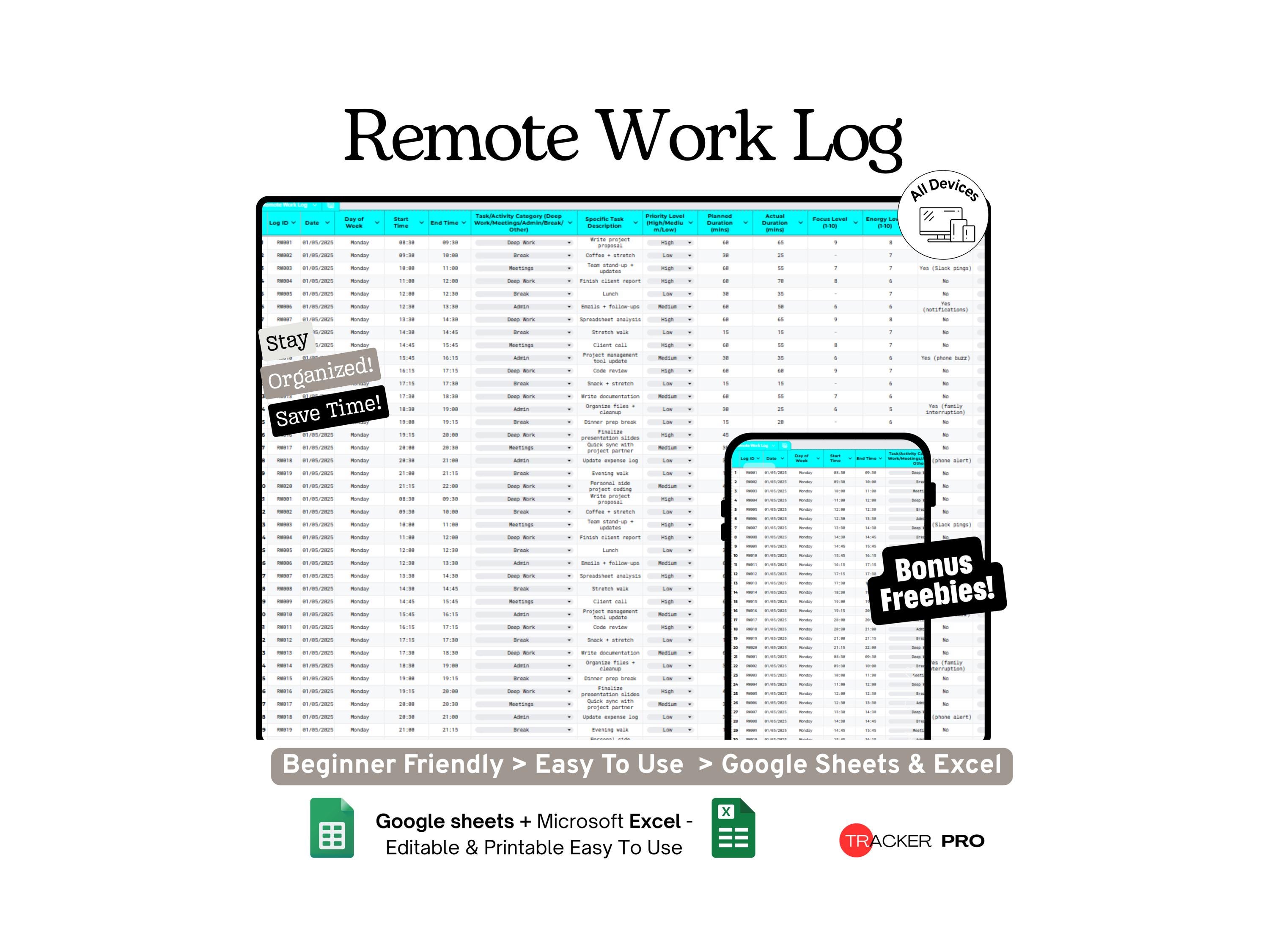 Remote Work Logs Remote Work Daily Productivity Log Google Sheets, Track Tasks, Breaks ...