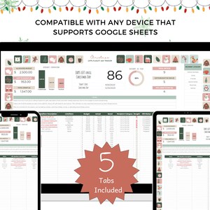 May include: A digital Christmas planner displayed on a tablet and two smartphones. The planner features a festive design with holiday icons and charts for budgeting and gift tracking. The text "Compatible with any device that supports Google Sheets" is visible.