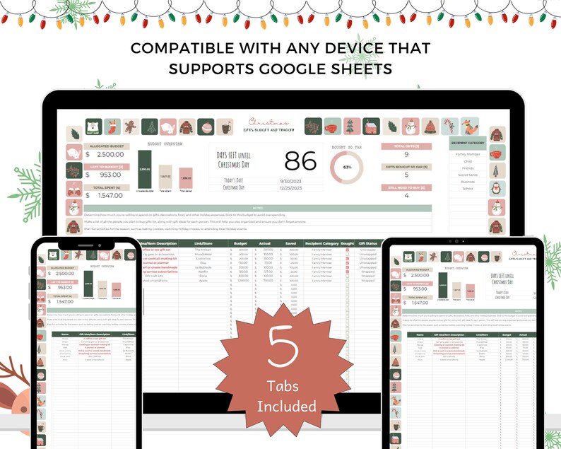 May include: A digital Christmas planner displayed on a tablet and two smartphones. The planner features a festive design with holiday icons and charts for budgeting and gift tracking. The text "Compatible with any device that supports Google Sheets" is visible.