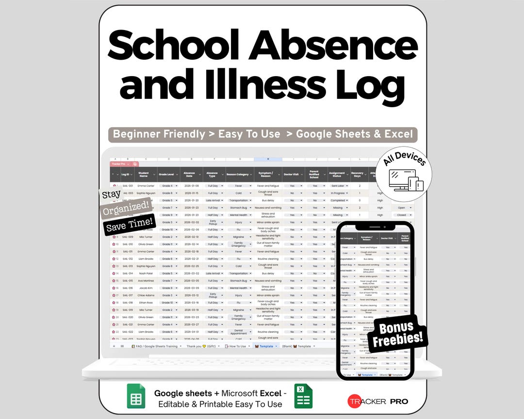 School Attendance Spreadsheet for Google Sheets and Excel Absence ...