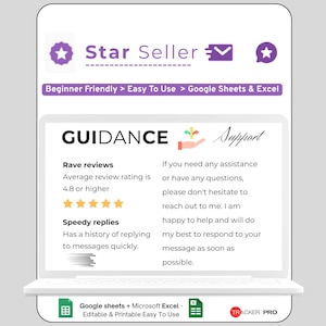 K&ouml;nnte beinhalten: Ein digitales Produkt, das auf einem Laptop-Bildschirm angezeigt wird, mit dem Text "Star Seller" und "Beginner Friendly > Easy To Use > Google Sheets & Excel". Der Bildschirm zeigt auch "GUIDANCE" und "Support" Informationen, einschlie&szlig;lich begeisterter Bewertungen und schneller Antworten.