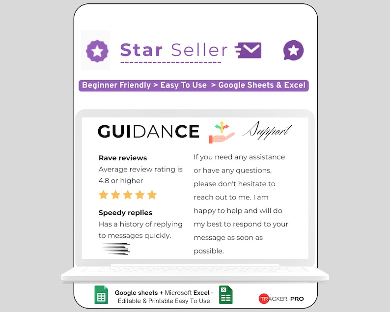 K&ouml;nnte beinhalten: Ein digitales Produkt, das auf einem Laptop-Bildschirm angezeigt wird, mit dem Text "Star Seller" und "Beginner Friendly > Easy To Use > Google Sheets & Excel". Der Bildschirm zeigt auch "GUIDANCE" und "Support" Informationen, einschlie&szlig;lich begeisterter Bewertungen und schneller Antworten.