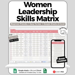 Peut inclure: Une matrice numérique des compétences en leadership féminin affichée sur un ordinateur portable et un smartphone. Le texte comprend "Beginner Friendly", "Easy To Use" et "Google Sheets & Excel". L'image montre également "All Devices", "Stay Organized!" et "Save Time!" avec "Bonus Freebies!"