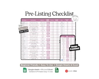 Checklista inför listning i Google Sheets-mall, förberedelser för fastigheter, staging, foton och listningsuppgiftsspårare för mäklare, Excel