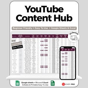 May include: A digital product titled "YouTube Content Hub" displayed on a laptop and smartphone. The spreadsheet is designed for Google Sheets and Excel, with the text "Beginner Friendly > Easy To Use." The image includes the text "Stay Organized! Save Time!"